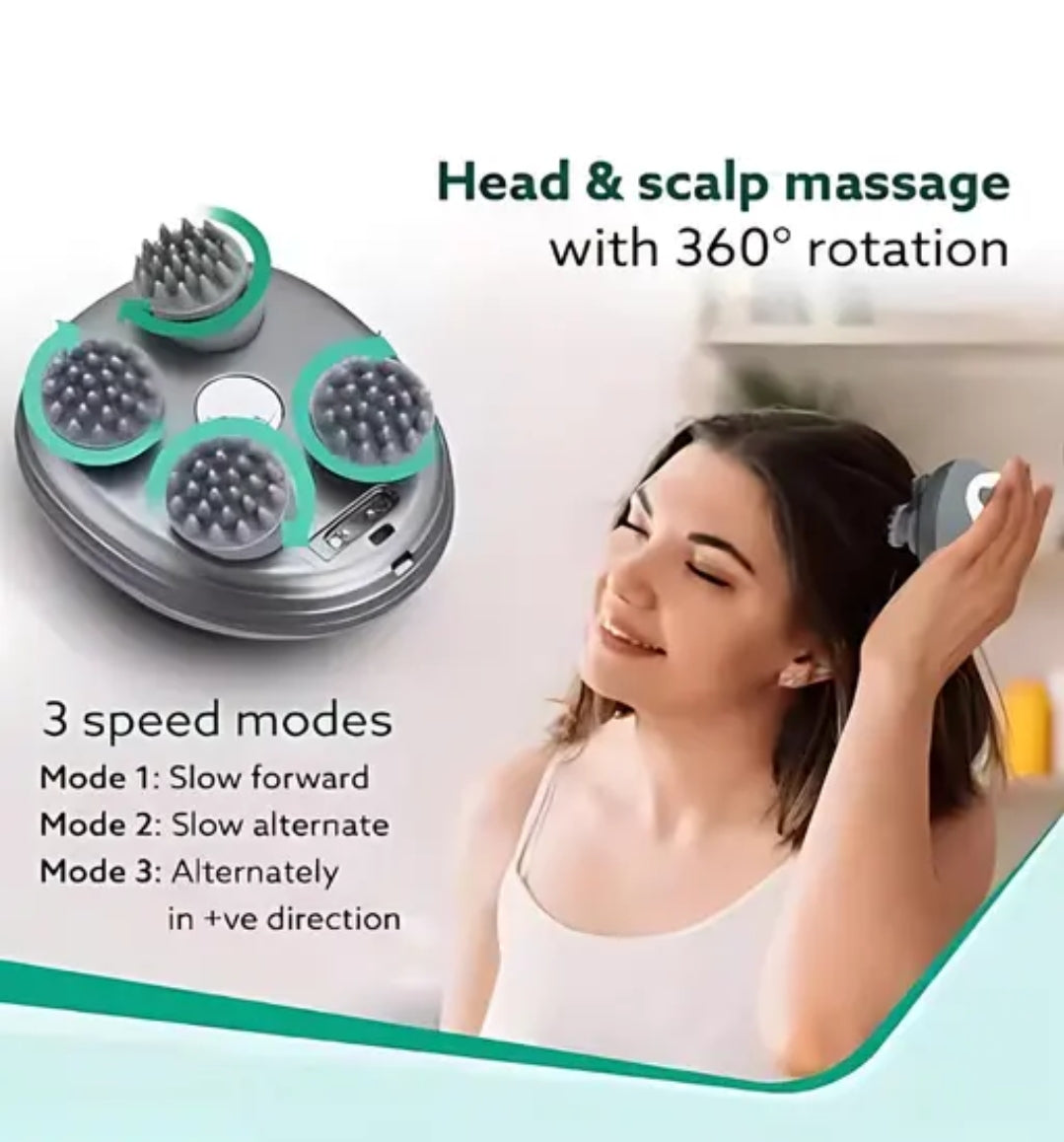 Rechargeable 360° Electric Scalp Massager | Stress Relief & Hair Growth Tool with Detachable Kneading Heads