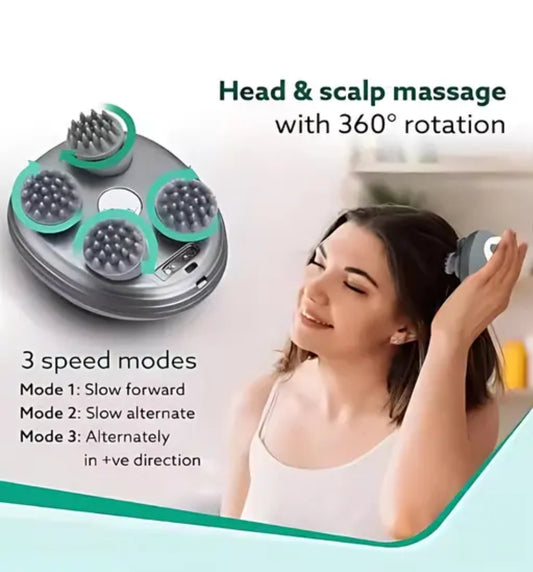 Rechargeable 360° Electric Scalp Massager | Stress Relief & Hair Growth Tool with Detachable Kneading Heads