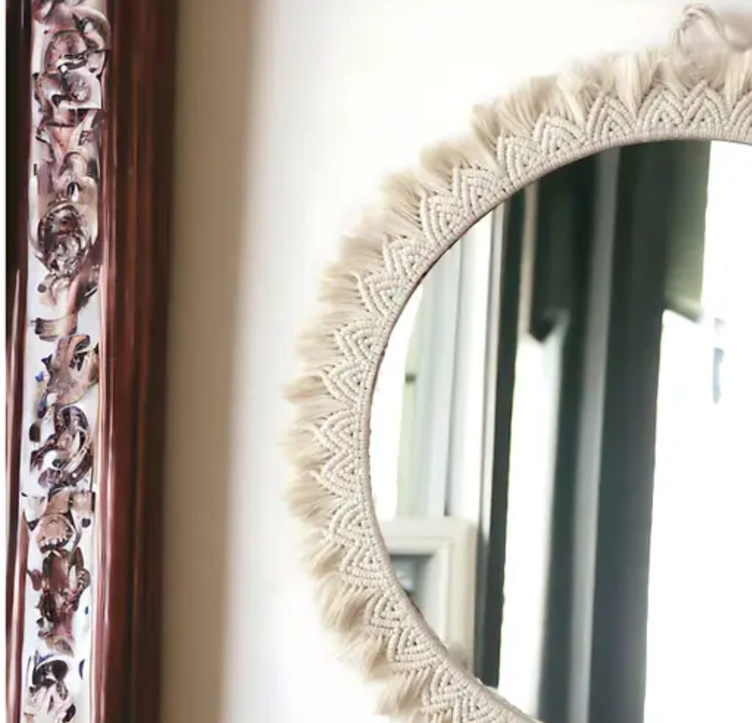 Handcrafted Boho Style Round Wall Mirror | Decorative Macrame Fringe Frame (Off-White)