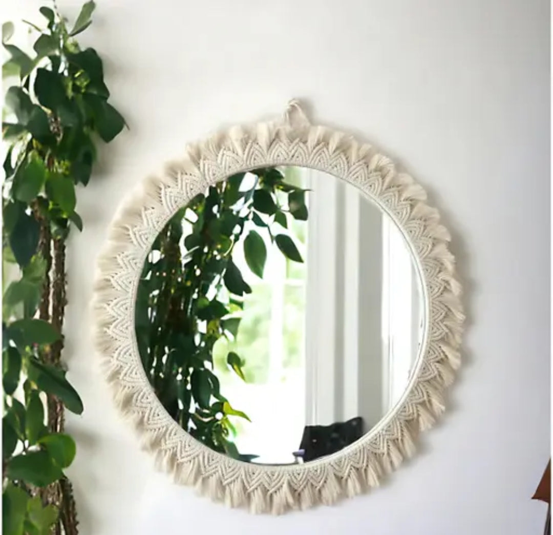 Handcrafted Boho Style Round Wall Mirror | Decorative Macrame Fringe Frame (Off-White)