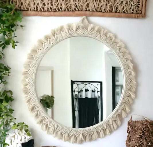 Handcrafted Boho Style Round Wall Mirror | Decorative Macrame Fringe Frame (Off-White)
