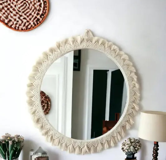 Handcrafted Boho Style Round Wall Mirror | Decorative Macrame Fringe Frame (Off-White)