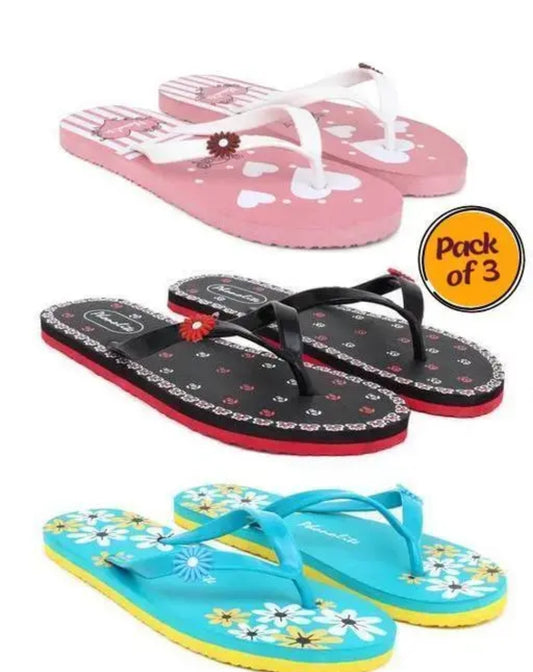 COMBO OFFER: Pack of 3 Women's Multicolour Printed Flip Flops | Stylish & Comfortable Daily Wear Slippers